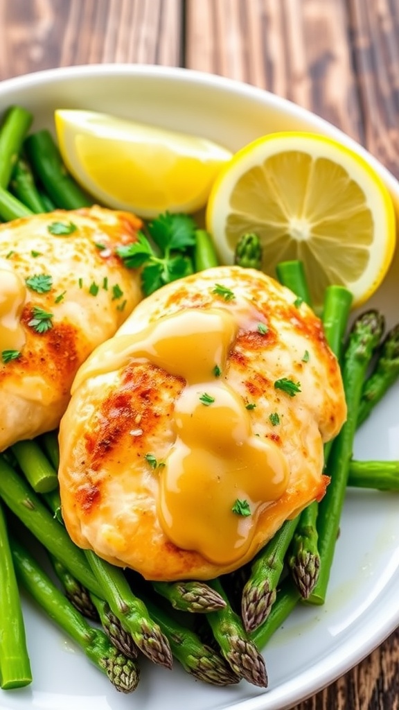 Garlic lemon asparagus chicken served with fresh asparagus and lemon on a rustic table.